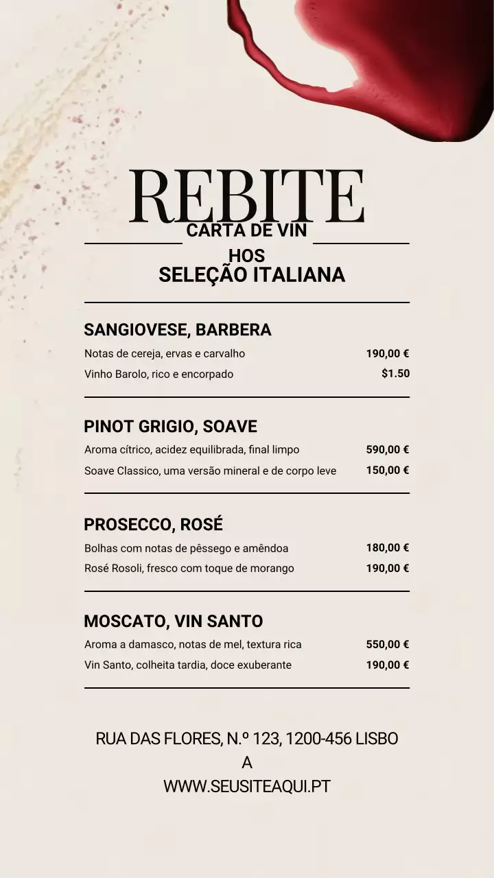 História do Instagram do Menu de Vinhos Elegante Bege