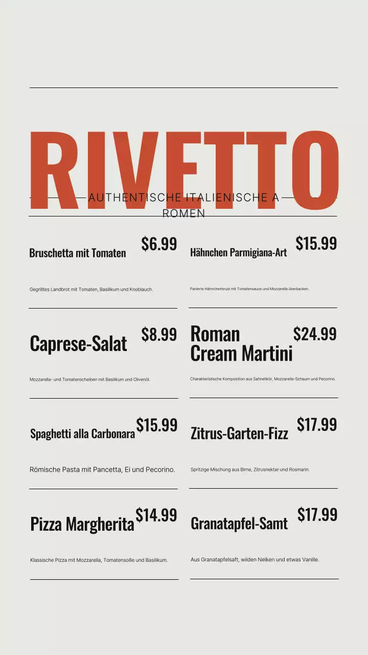 Instagram-Story zum Menü eines modernen Restaurants in Beige