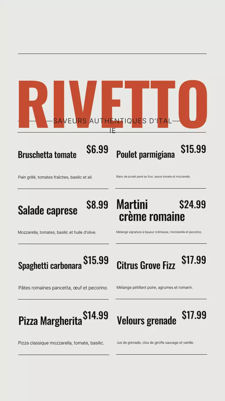 Menu du restaurant moderne beige sur Instagram