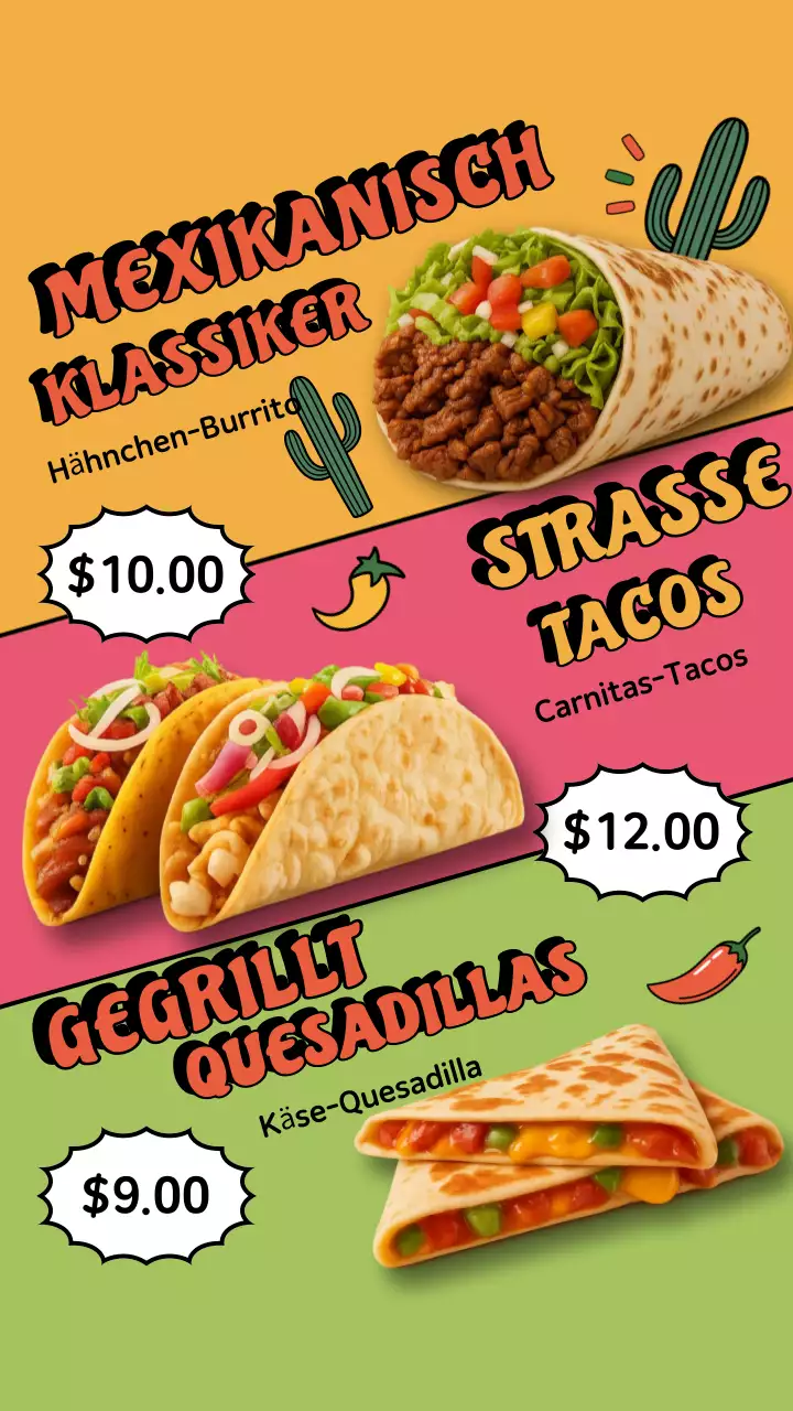 Bunte Retro-Werbung für mexikanisches Menü auf Instagram
