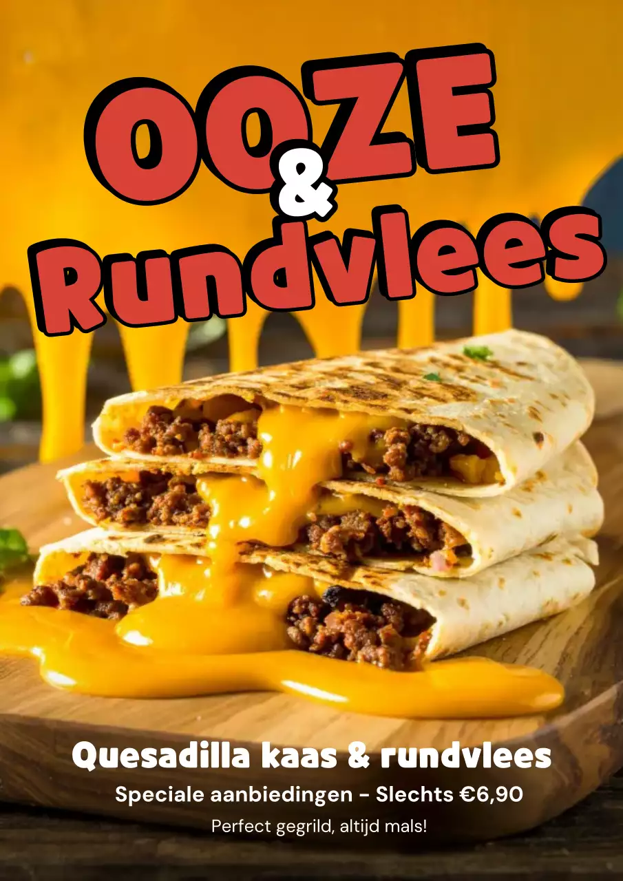 Geel vetgedrukte quesadilla-promotieposter