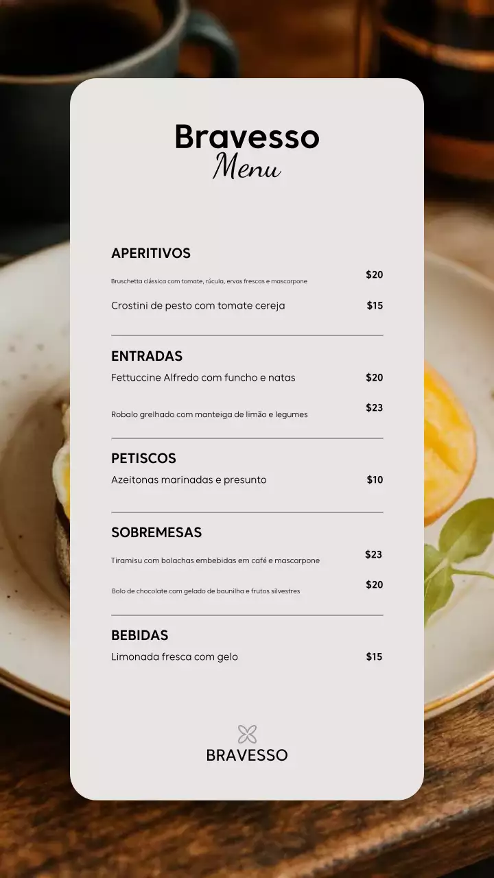 Postagem no Instagram do cardápio elegante do restaurante bege