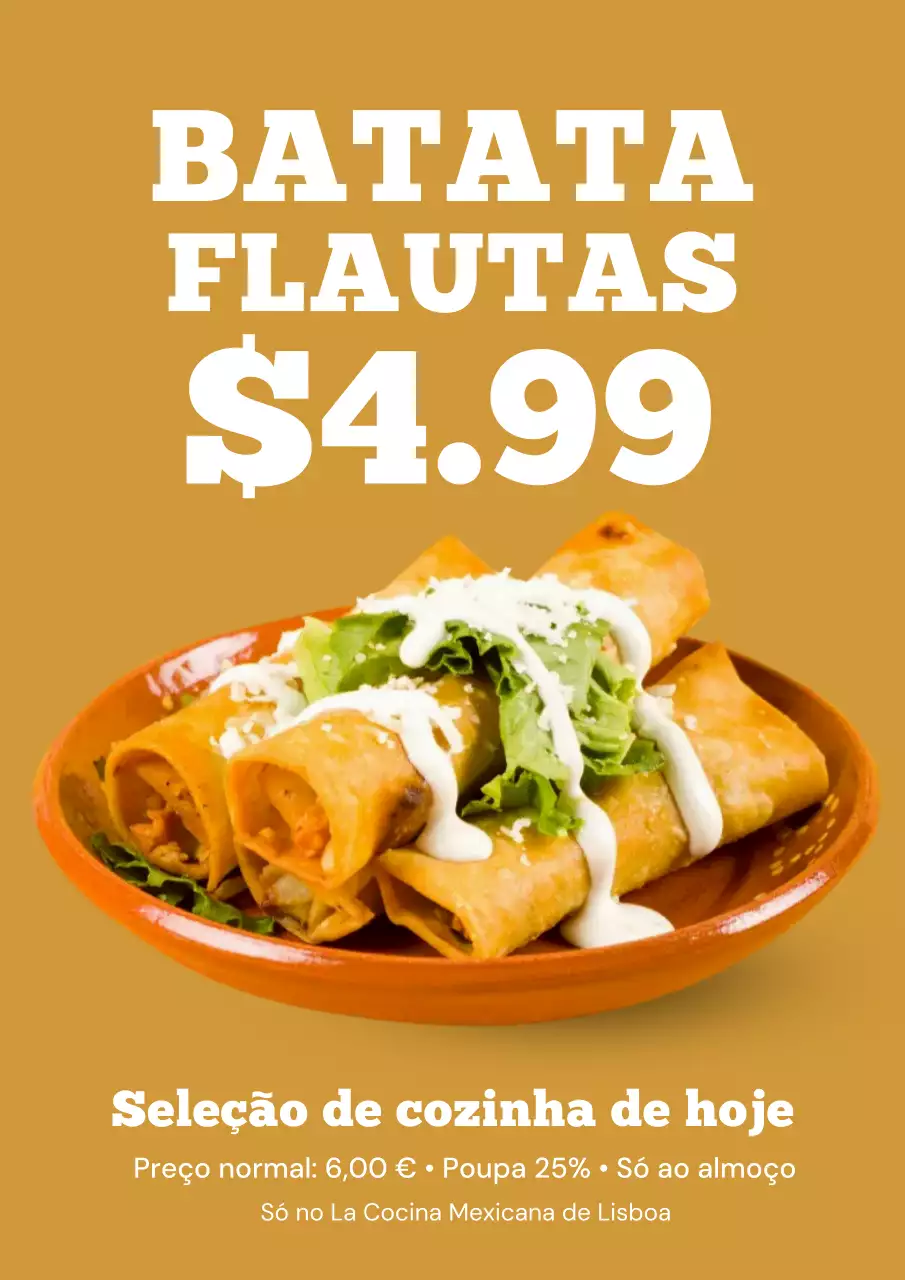 Cartaz promocional de flautas rústicas de batata amarelo mostarda