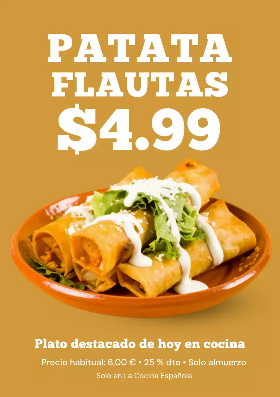 Cartel promocional de flautas rústicas de patata con mostaza amarilla