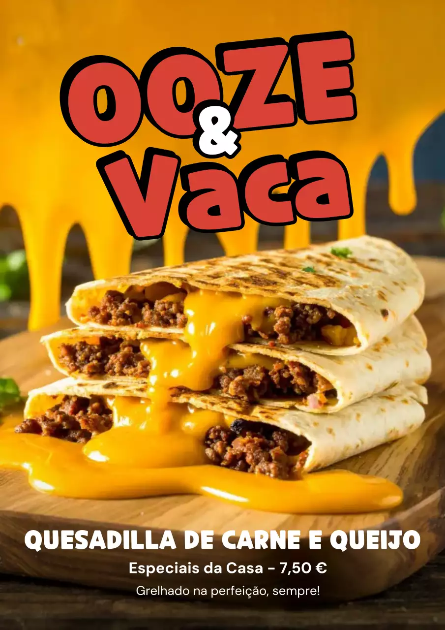 Cartaz promocional de quesadilla amarelo em negrito