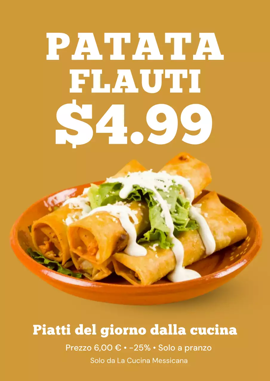 Poster promozionale di Flautas di patate rustiche giallo senape