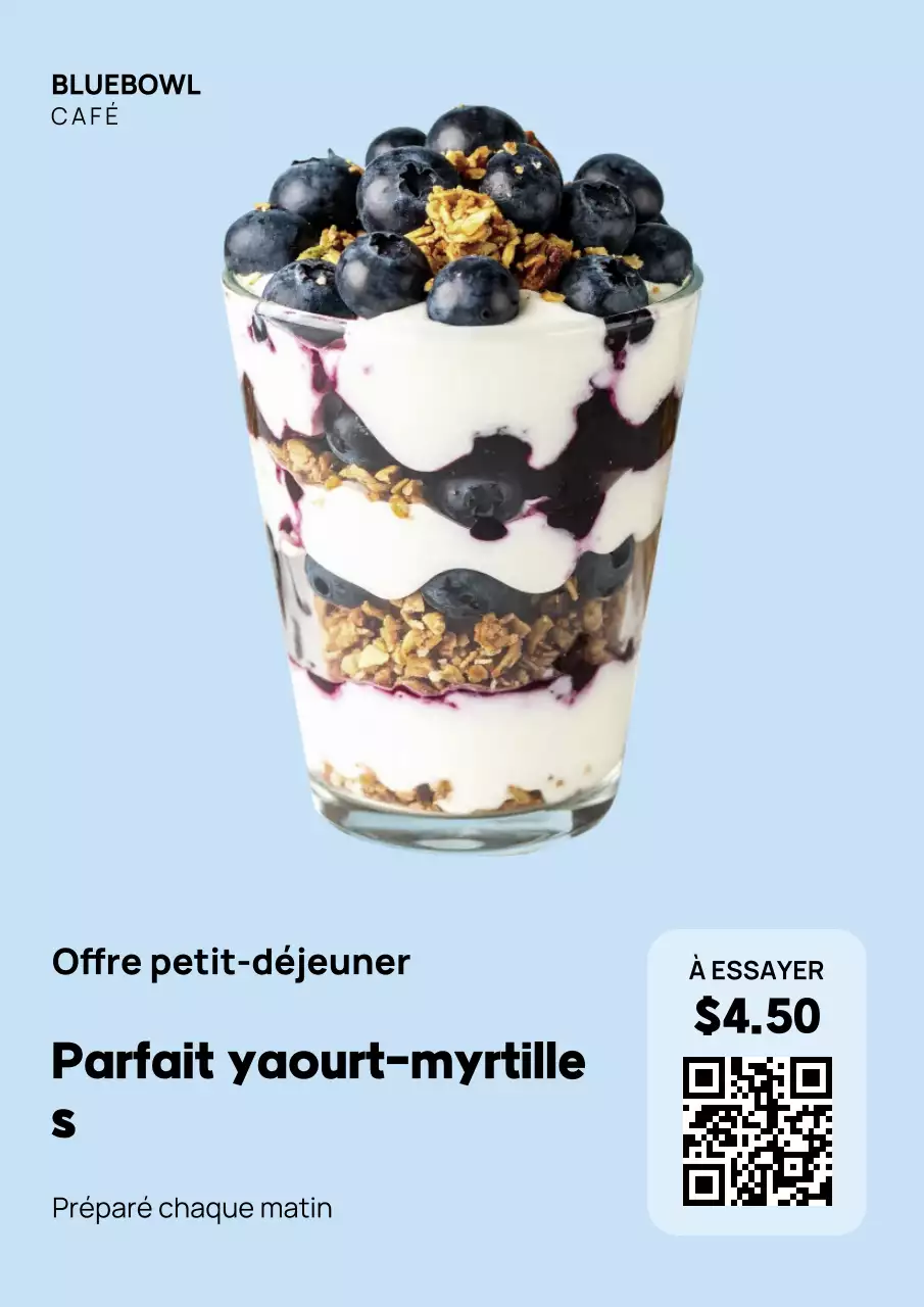 Affiche promotionnelle du petit-déjeuner moderne bleu
