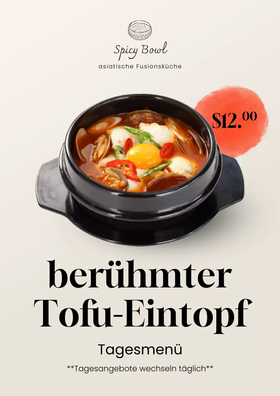 Beiges elegantes Tofu-Menü-Poster