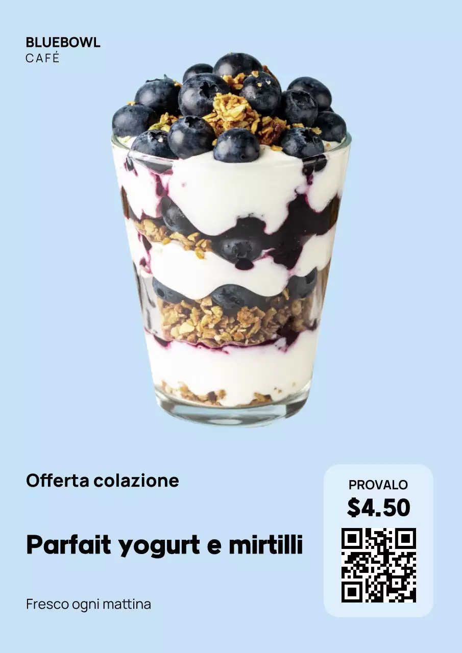 Poster promozionale per la colazione moderna blu