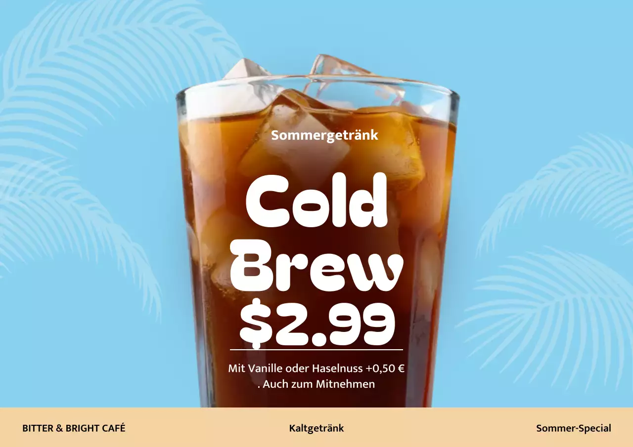 Blaues, trendiges Cold Brew-Werbeplakat