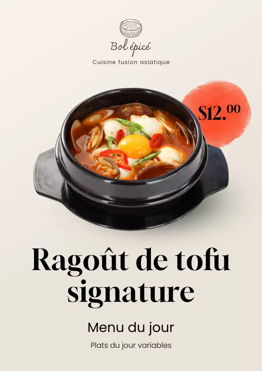 Affiche de menu élégante et beige pour le tofu