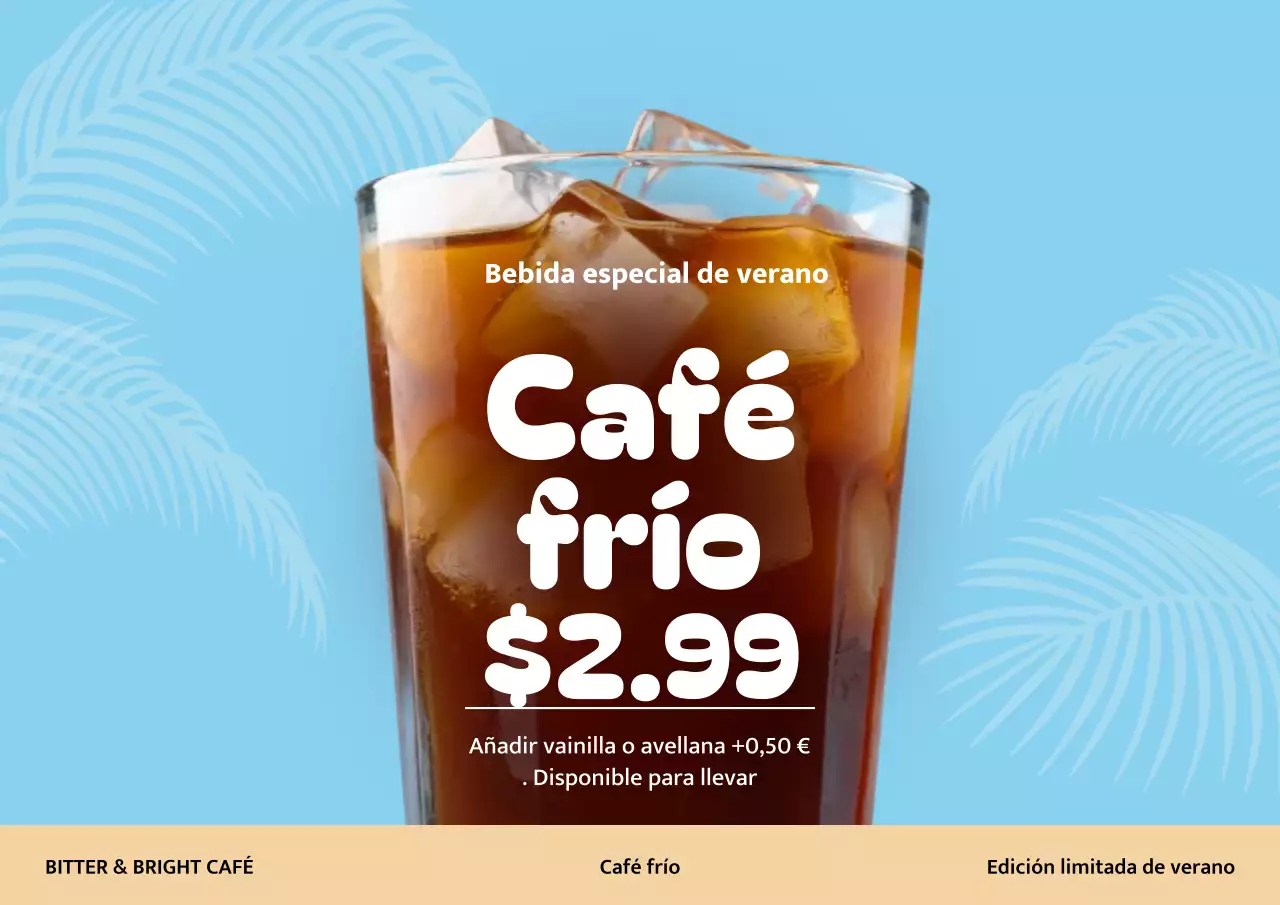 Póster promocional de café frío azul de moda