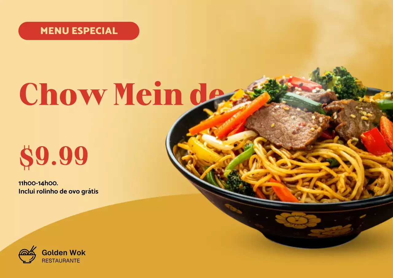 Cartaz amarelo de promoção de comida tradicional