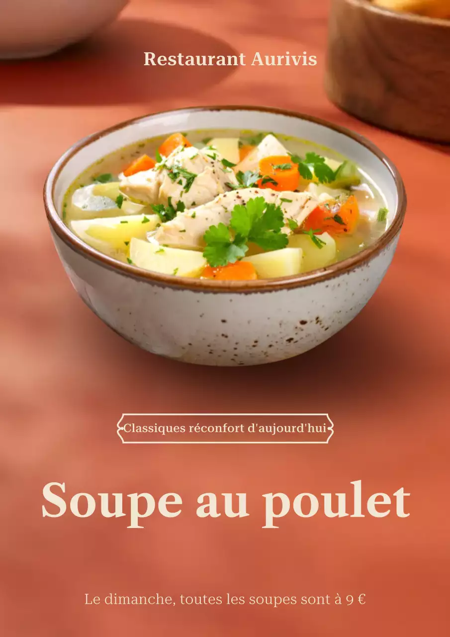 Affiche promotionnelle de soupe au poulet rustique beige