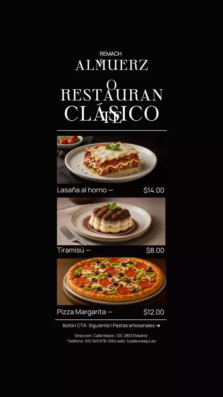 Historia de Instagram del menú del restaurante Black Classic