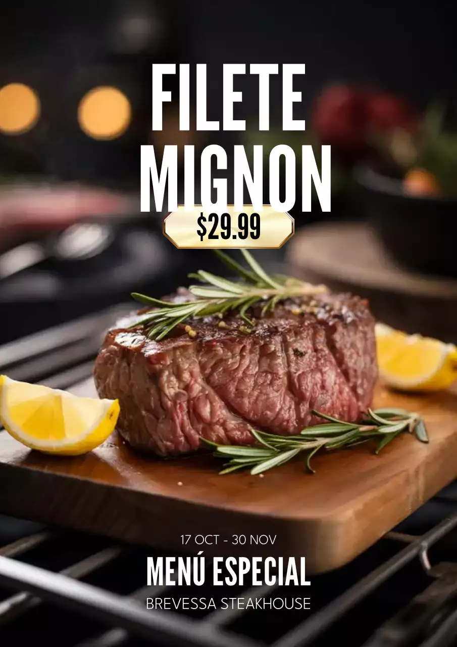 Póster del menú de bistec rústico marrón