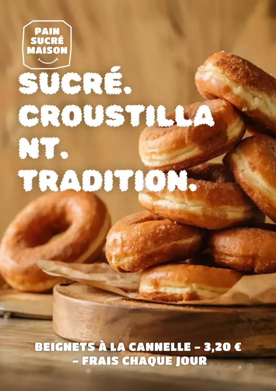 Affiche publicitaire pour beignets rustiques marron