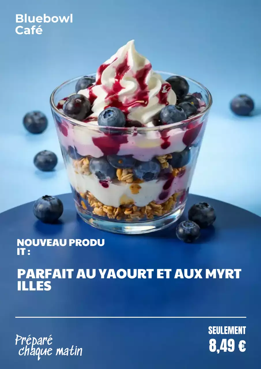 Affiche publicitaire de desserts modernes bleus
