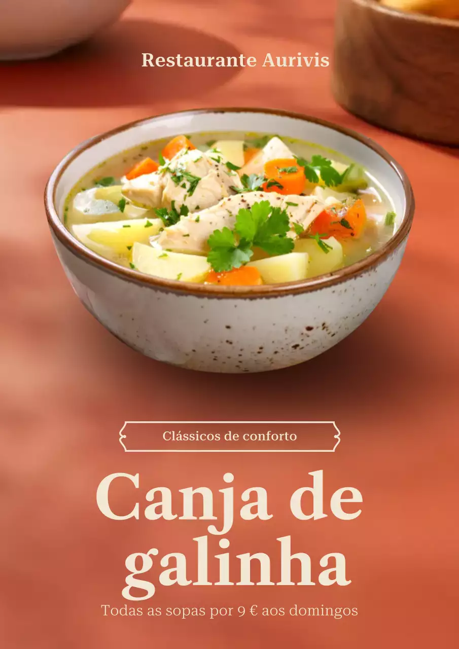 Cartaz promocional de sopa de galinha rústica bege