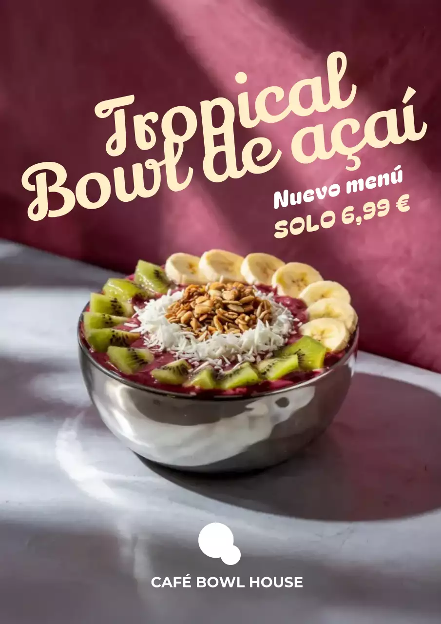 Póster promocional del tazón de açaí moderno color granate