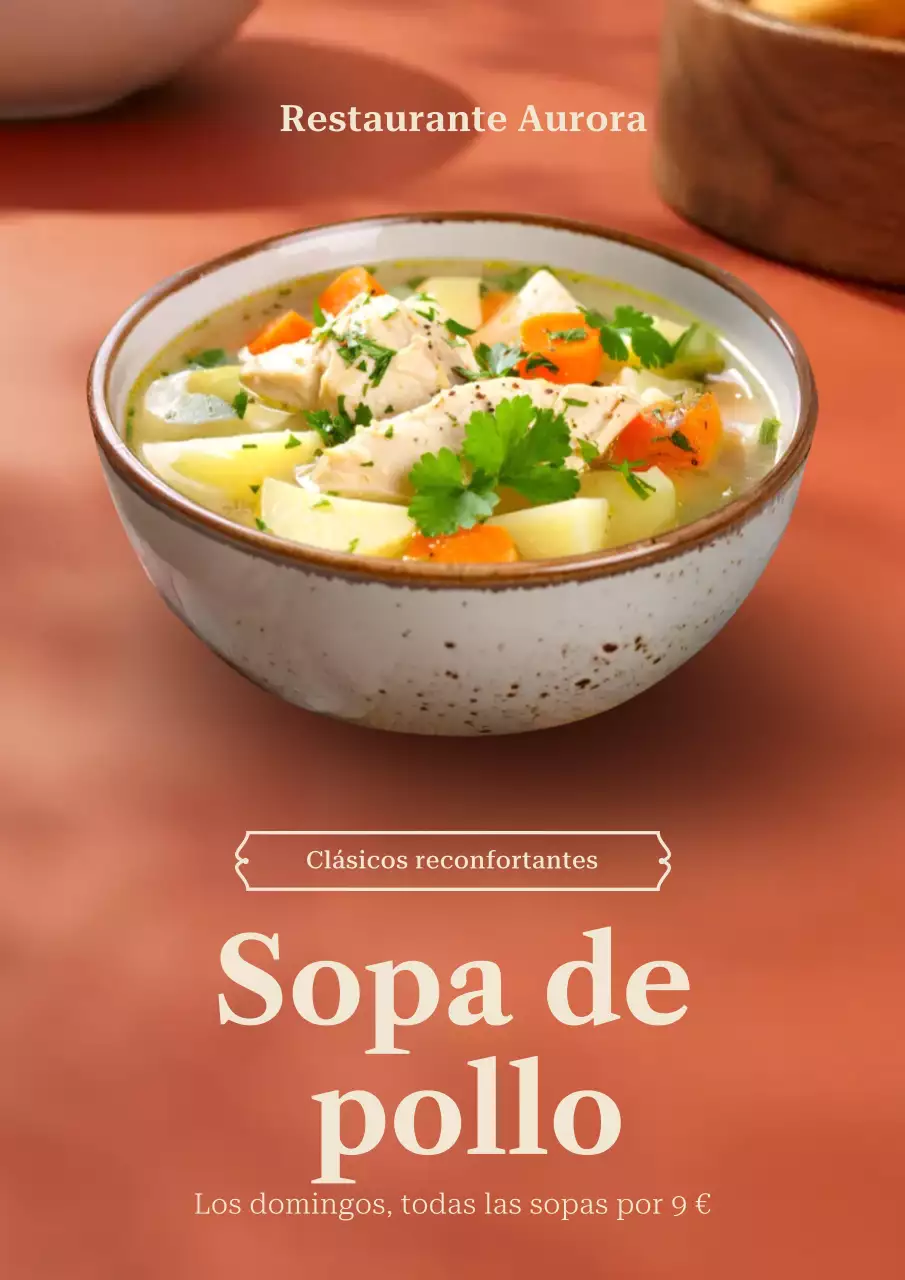 Póster promocional de sopa de pollo rústica beige