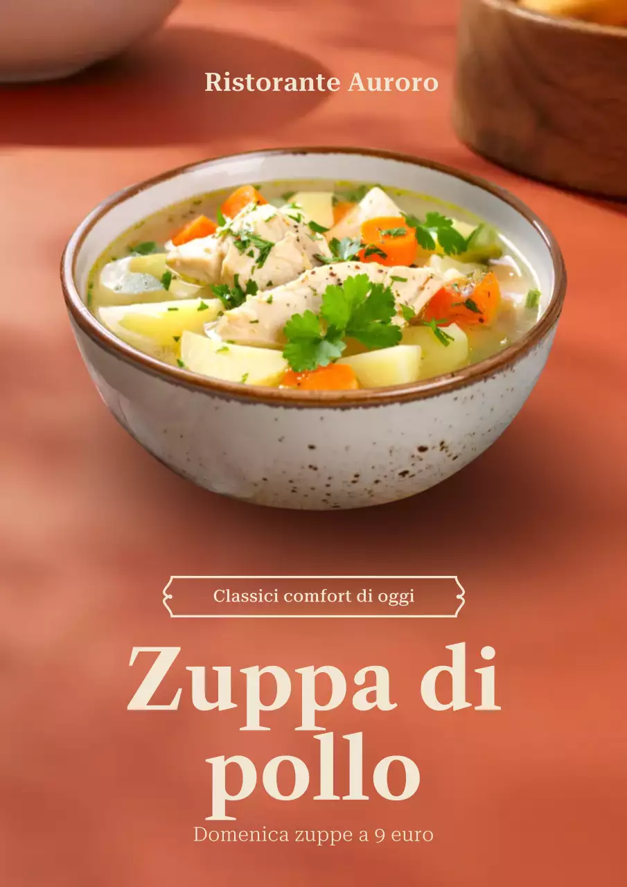 Poster promozionale della zuppa di pollo rustica beige