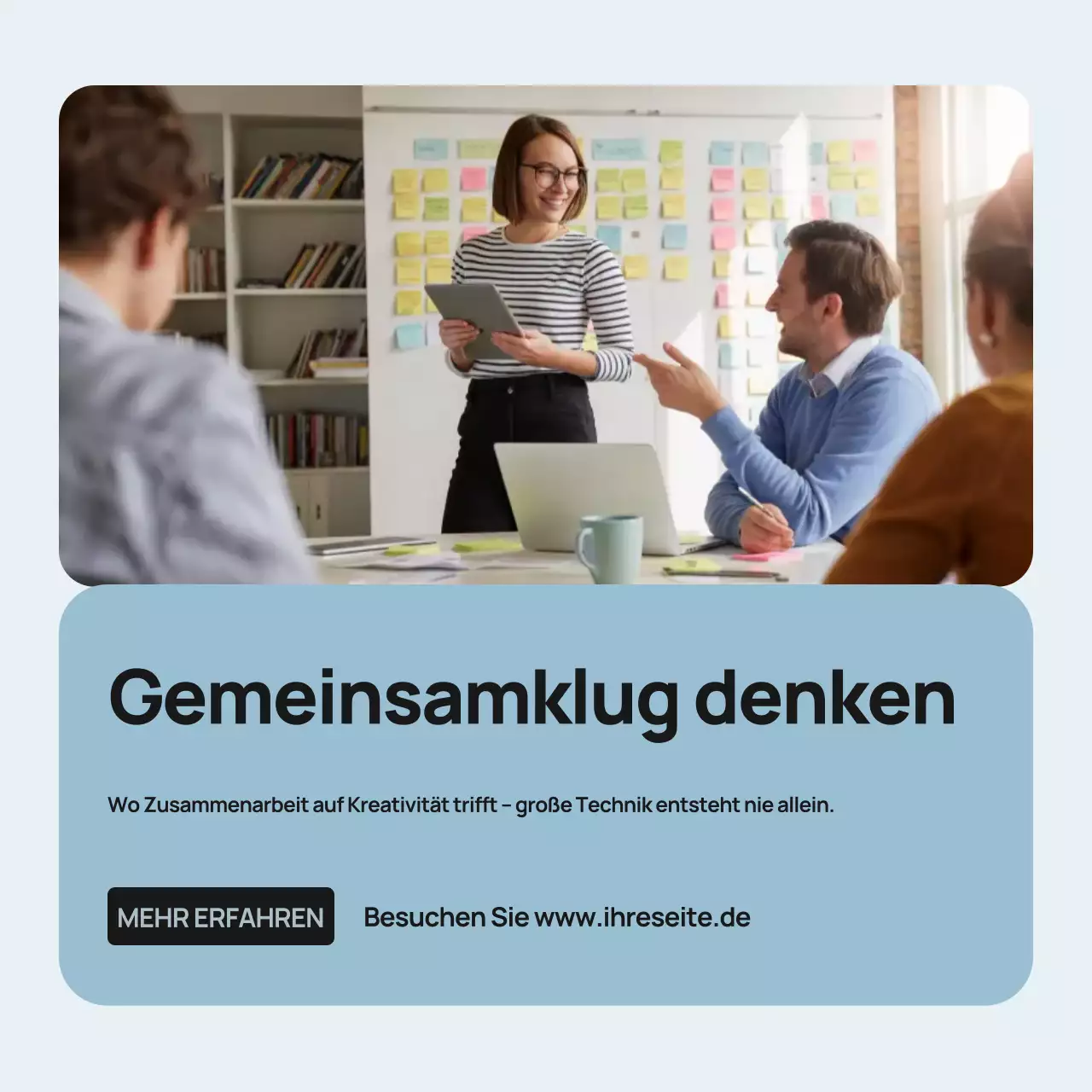 Blauer Instagram-Beitrag zur modernen Teamarbeitsförderung