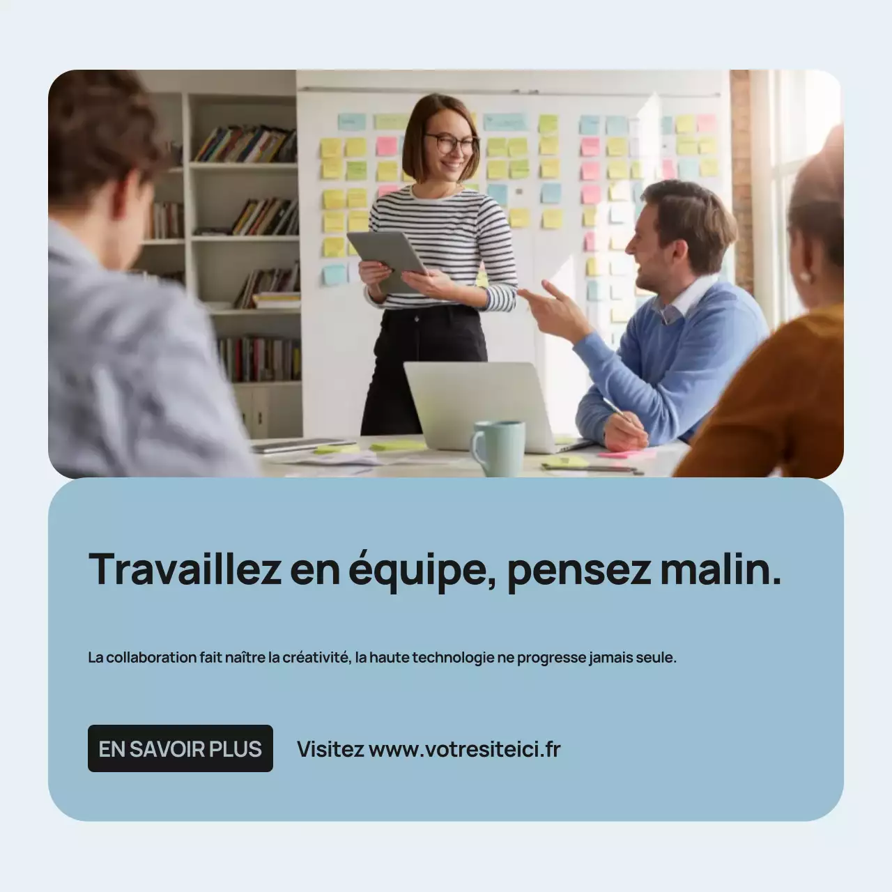 Publication Instagram sur la promotion du travail d'équipe moderne bleu
