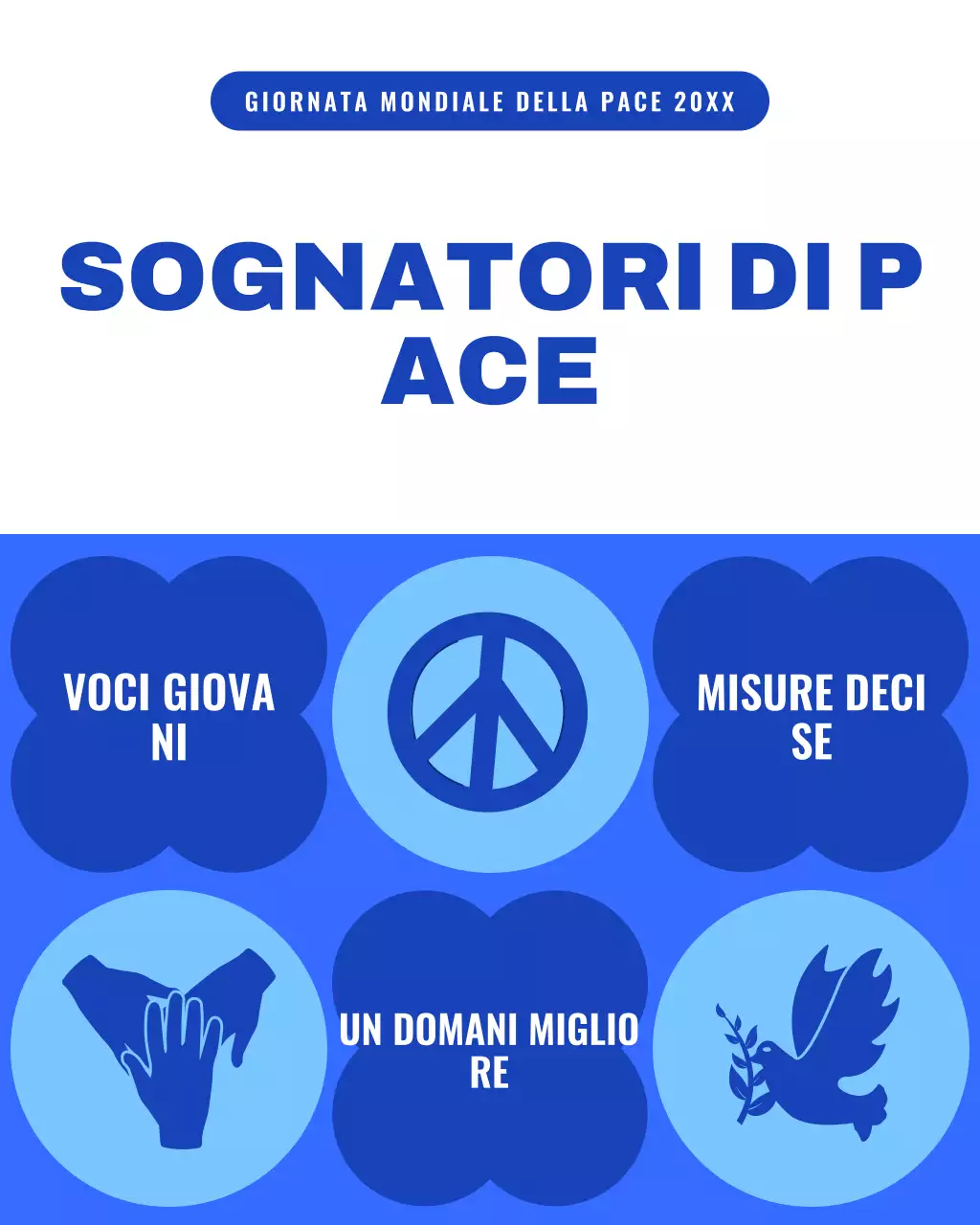 Post Instagram illustrativo in grassetto blu e bianco per la Giornata internazionale della pace