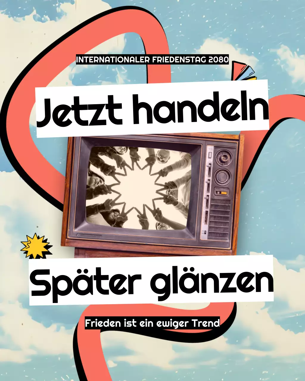 Bunter Retro-Pop-Instagram-Beitrag zum Internationalen Friedenstag