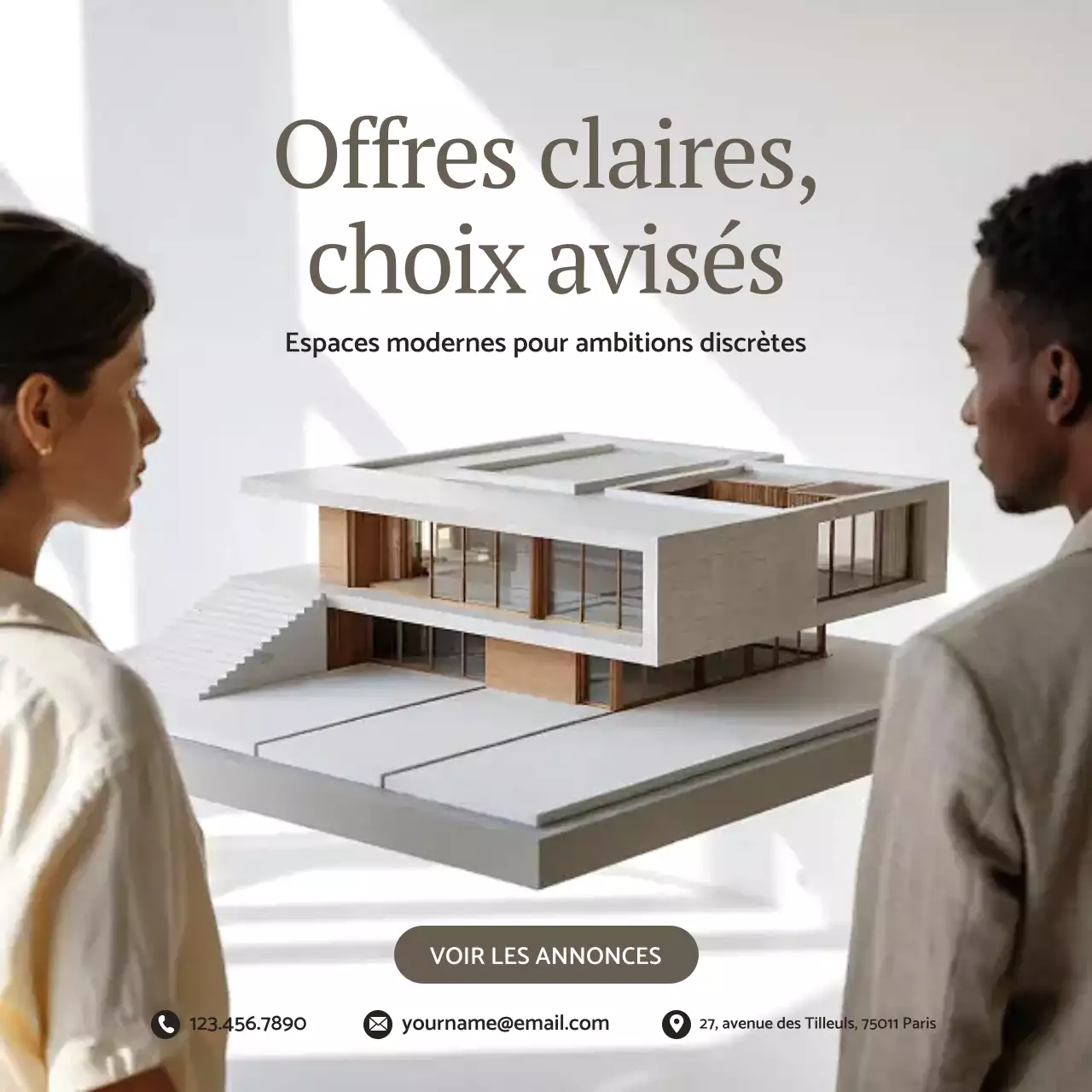 Publication Instagram d'une publicité immobilière beige et moderne