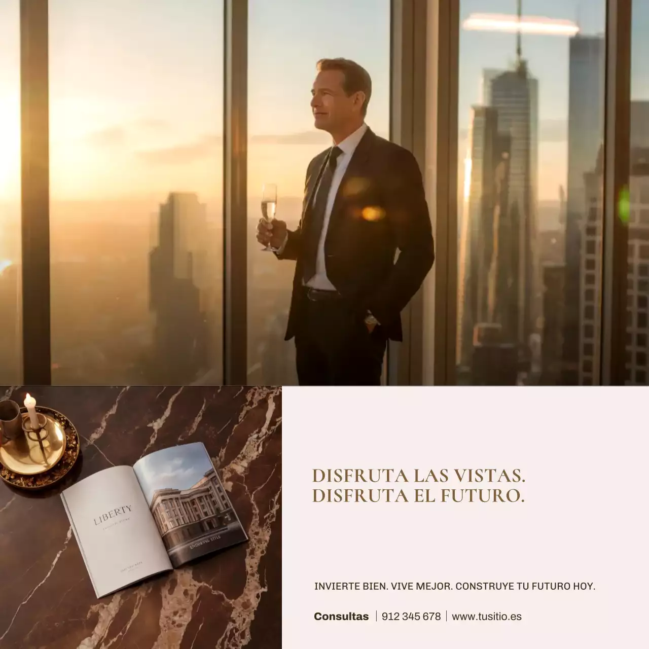 Publicación de Instagram de un anuncio inmobiliario elegante y dorado