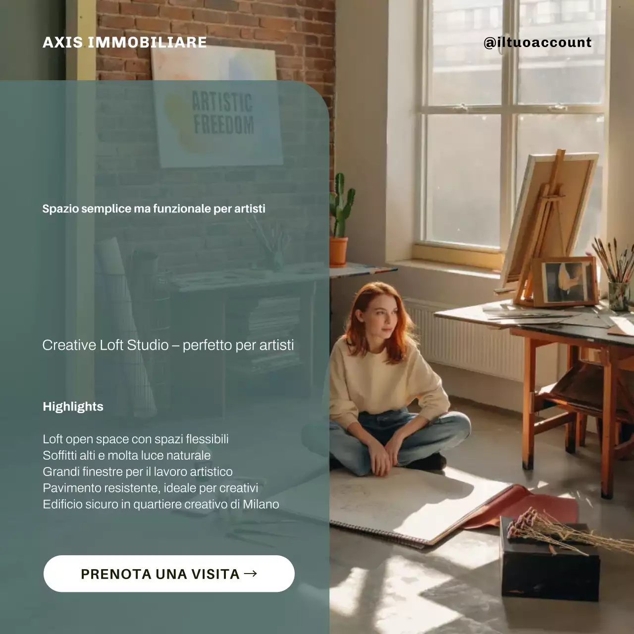 Annuncio pubblicitario per l'affitto di uno studio d'arte moderna verde su Instagram