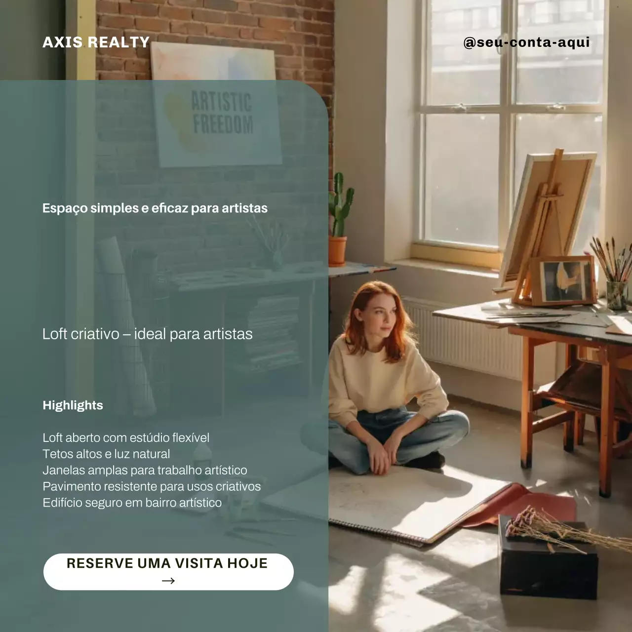 Publicação no Instagram sobre aluguel de estúdio de arte moderna verde