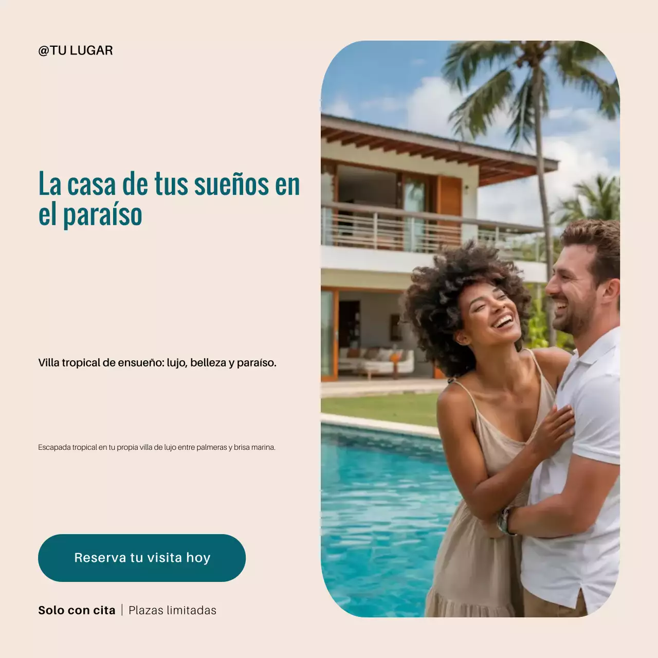 Publicación de Instagram de una villa tropical en tonos beige y verde azulado