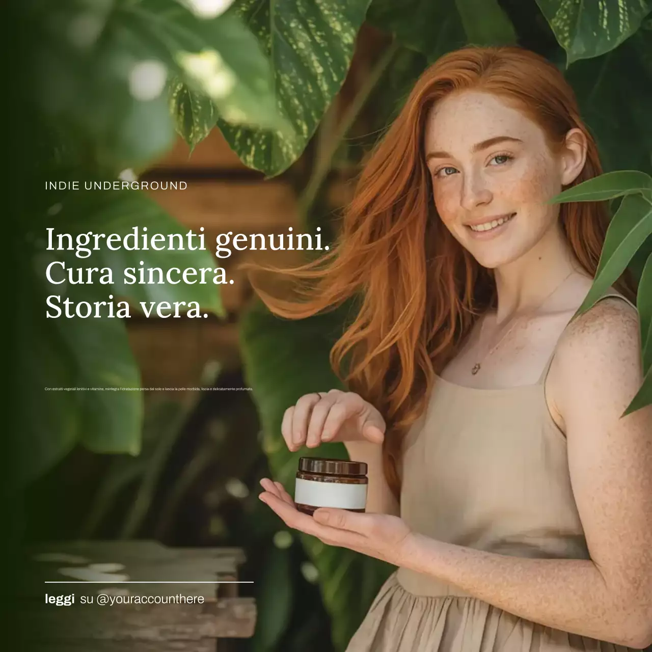 Pubblicità di prodotti per la cura della pelle naturali e verdi su Instagram