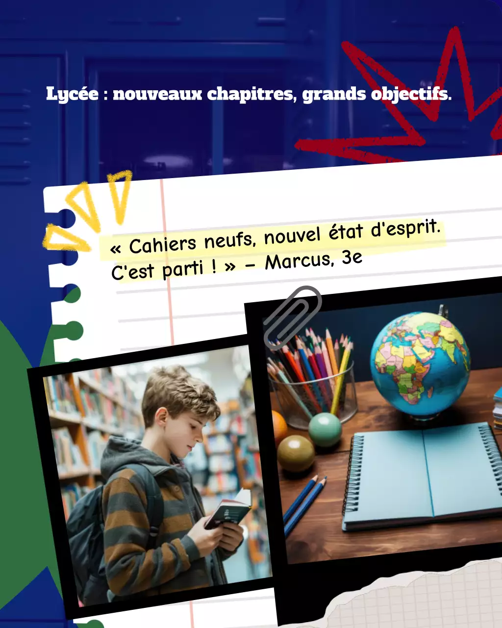 Modèle de photo de rentrée scolaire pour les réseaux sociaux du lycée Navy Crimson and Green