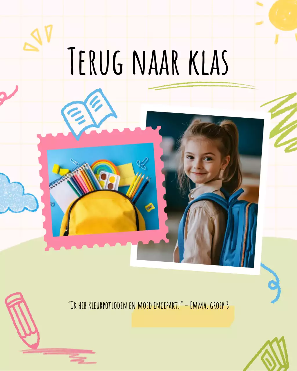 Crèmekleurige lichtgroene basisschoolfoto voor de start van het schooljaar, sjabloon voor sociale media