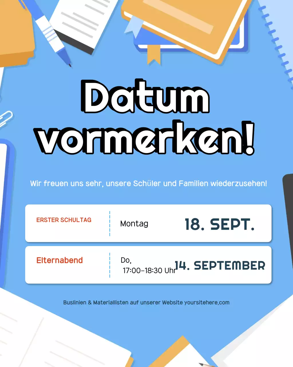 Blauer illustrativer Instagram-Beitrag zur Grundschulankündigung