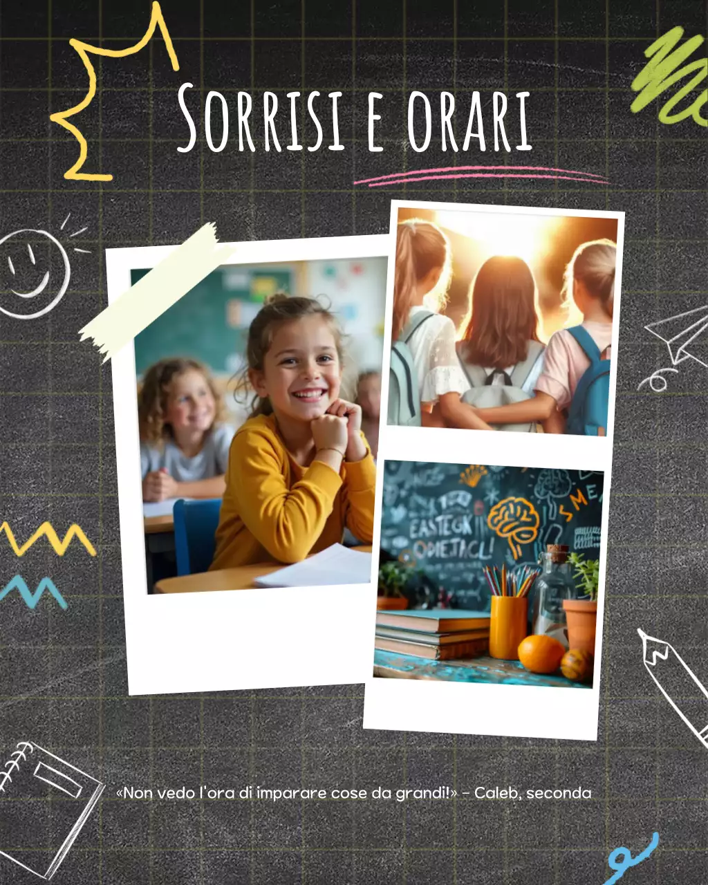 Modello per social media scolastico con foto della scuola elementare verde, blu e gialla