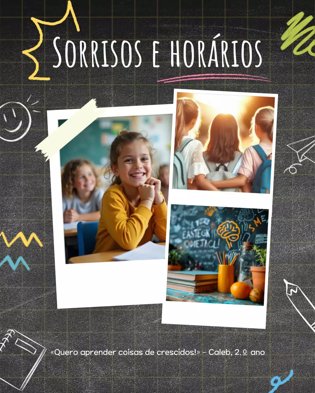 Modelo de mídia social para escola primária com foto verde, azul e amarelo