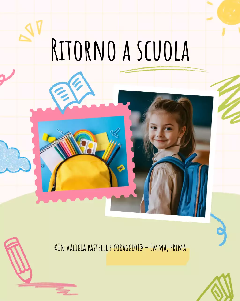 Modello per social media scolastico con foto di ritorno a scuola della scuola elementare color crema e verde chiaro