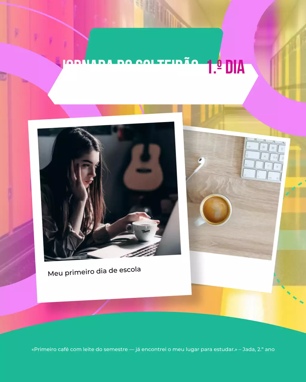 Modelo de mídia social para escola com fotos de volta às aulas em azul-petróleo e rosa