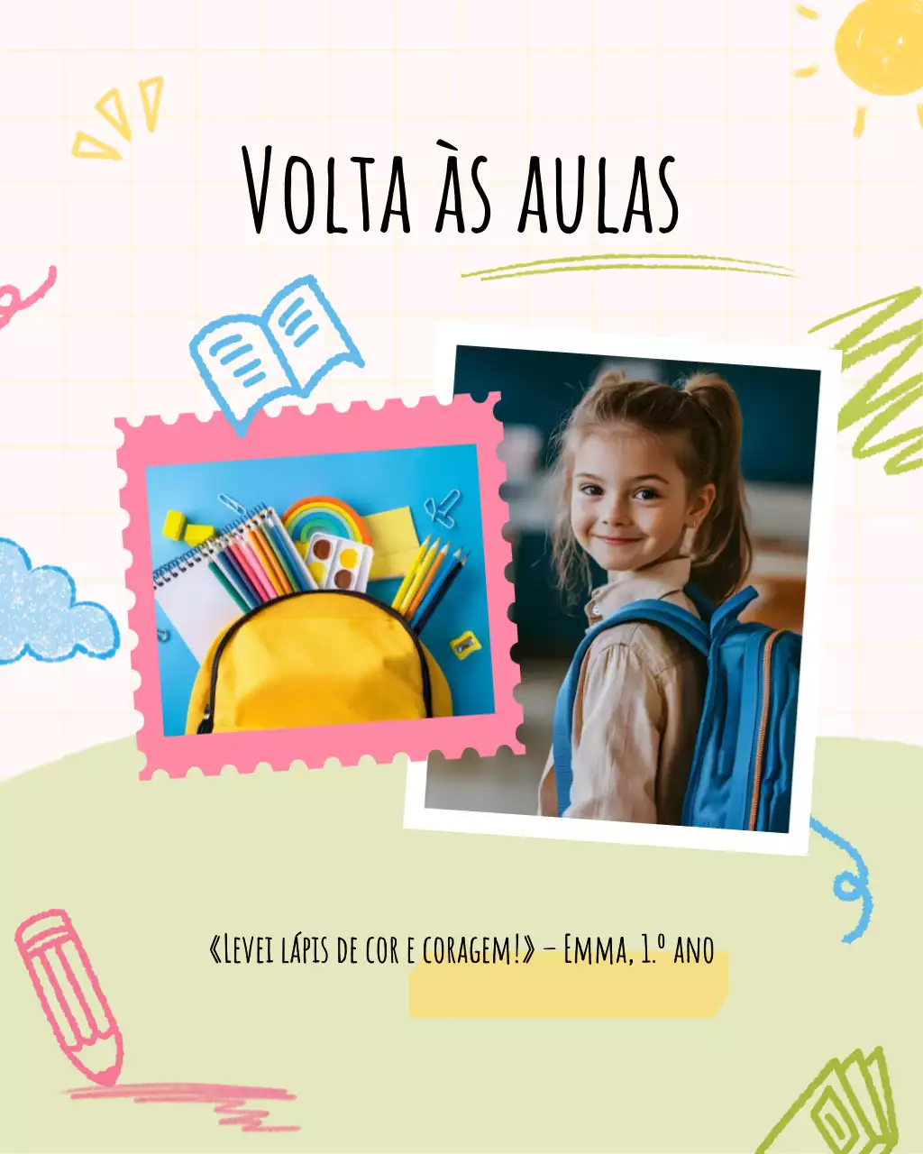 Modelo de mídia social para escola primária com foto de volta às aulas em verde-claro creme