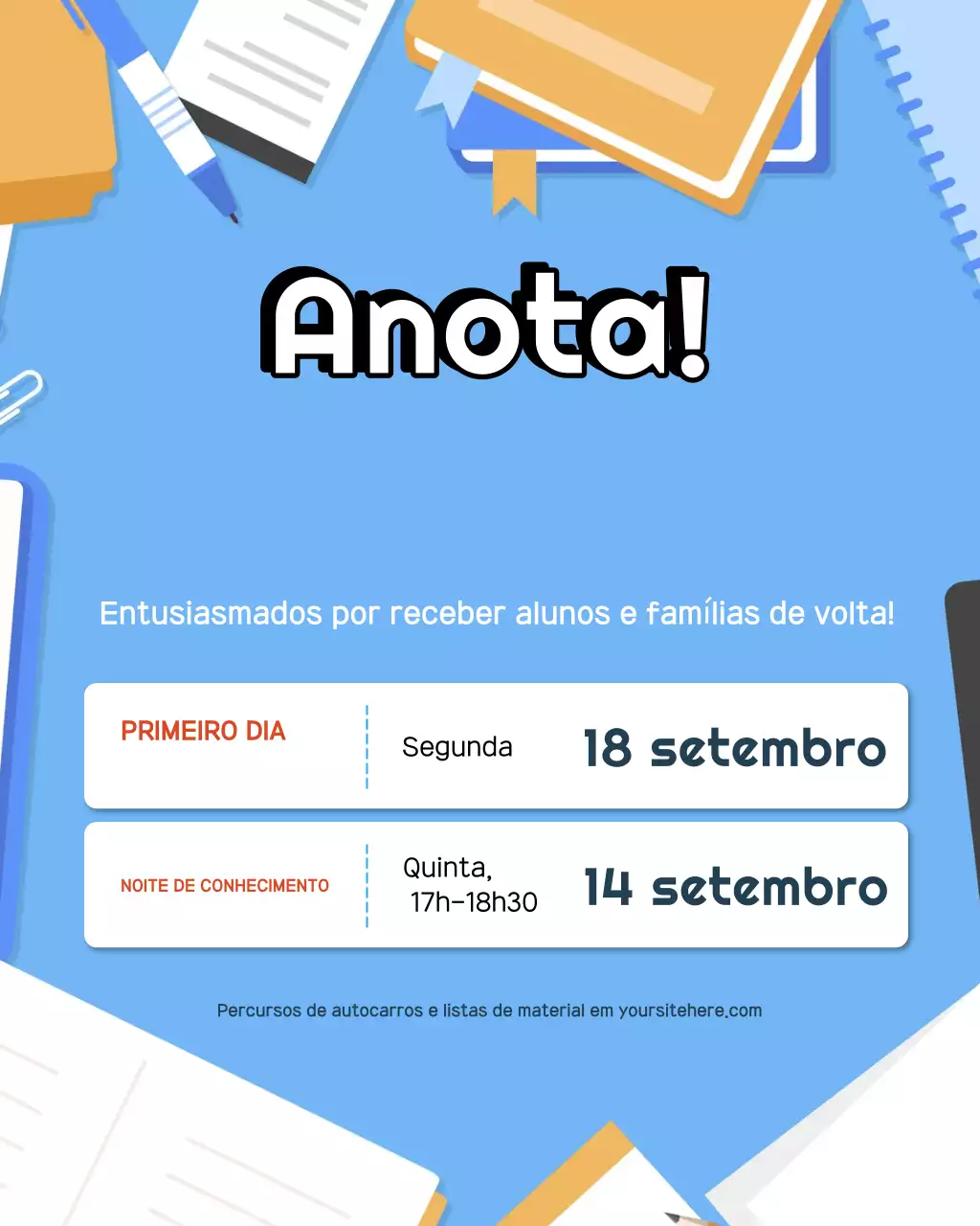 Publicação ilustrativa azul do Instagram sobre o anúncio da Escola Primária