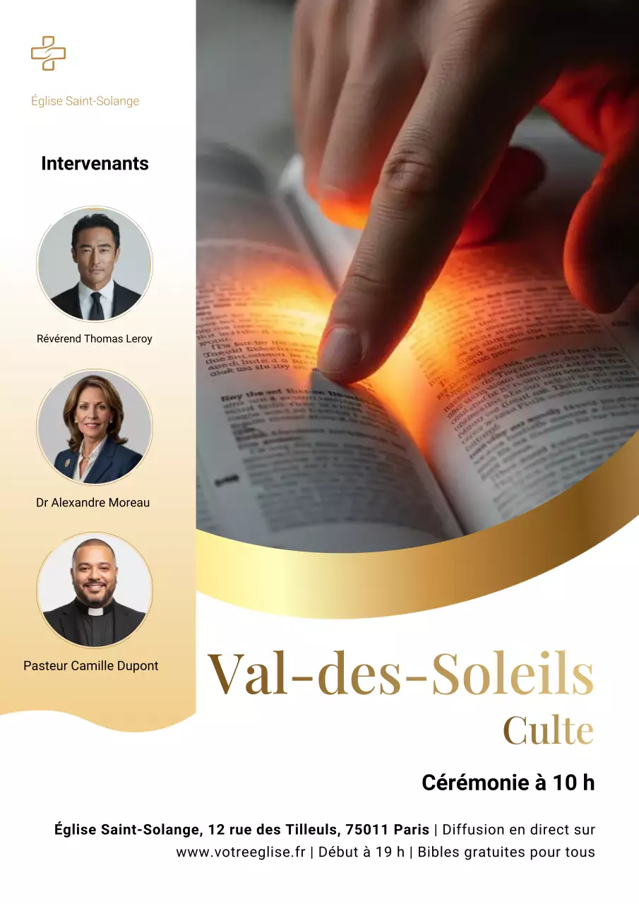 Affiche d'invitation au culte élégante et dorée