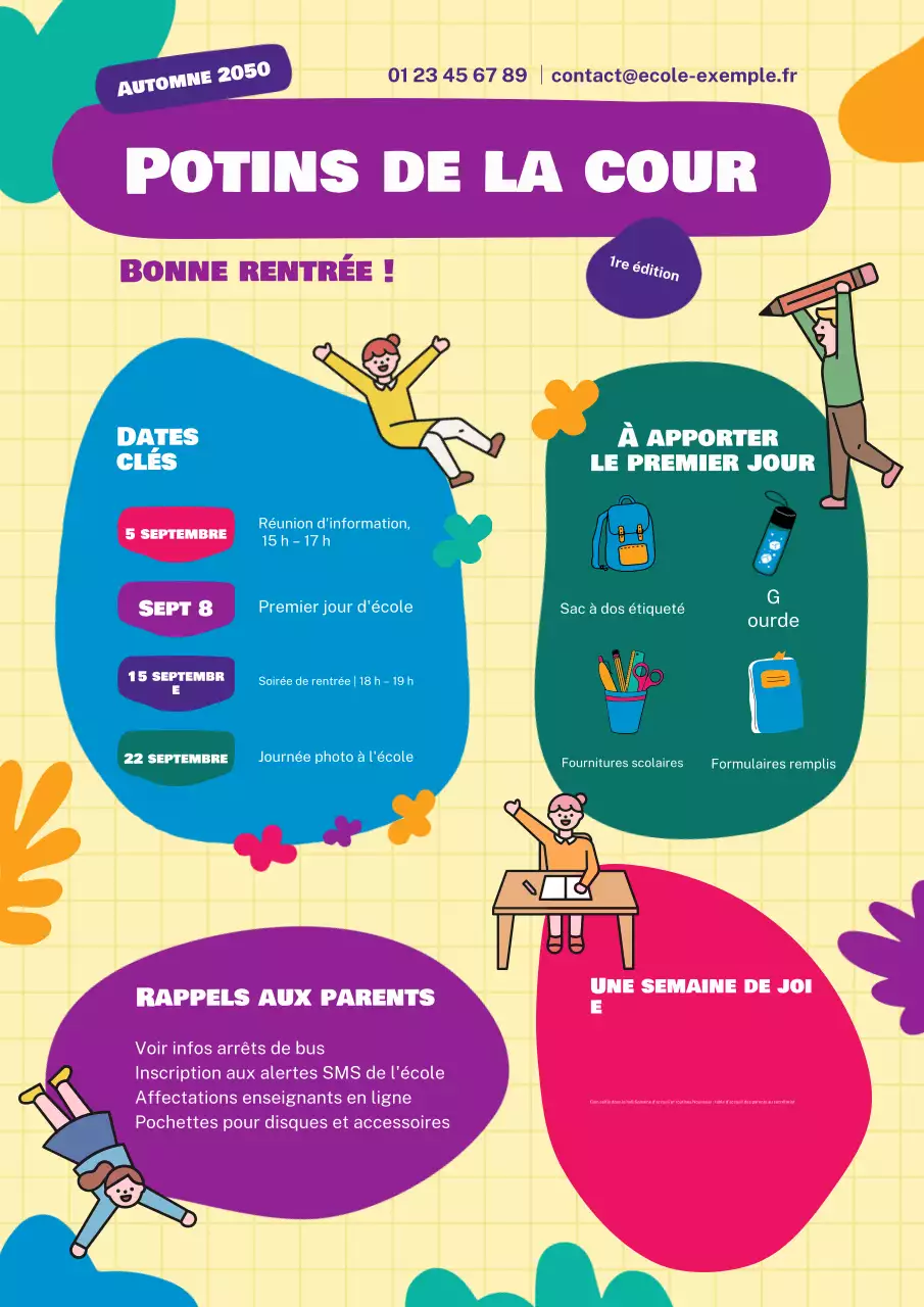 Affiche colorée et amusante de la rentrée scolaire, en bleu et jaune, pour le bulletin d'information de l'école primaire