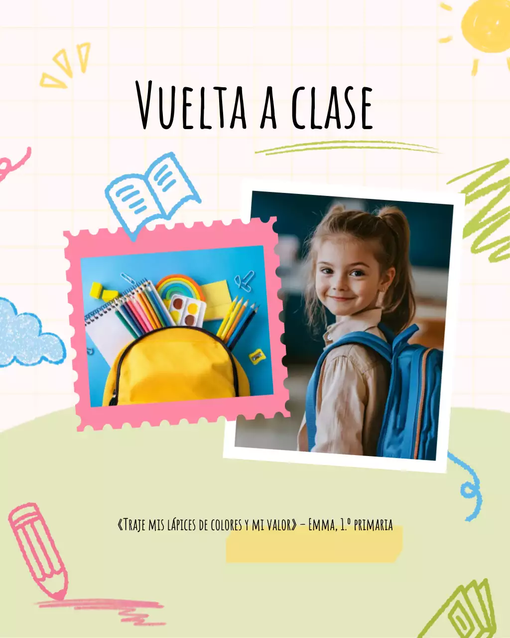 Plantilla para redes sociales escolares con foto de regreso a clases de escuela primaria en color crema y verde claro