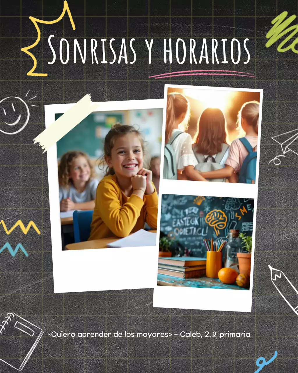 Plantilla para redes sociales de escuela primaria con foto en verde, azul y amarillo