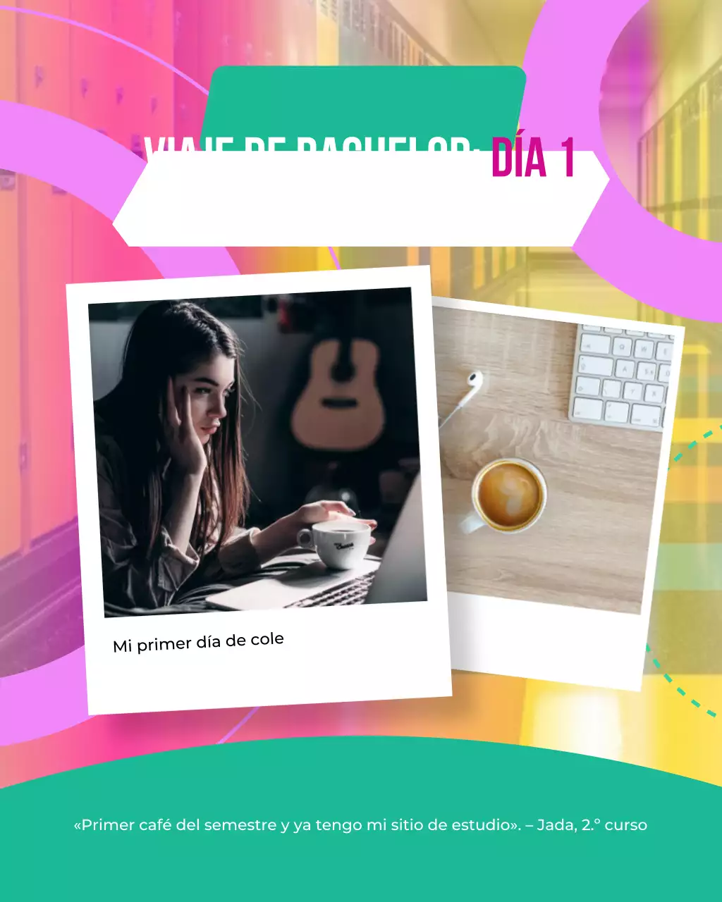 Plantilla para redes sociales con fotos escolares de regreso a clases en azul, verde azulado y rosa